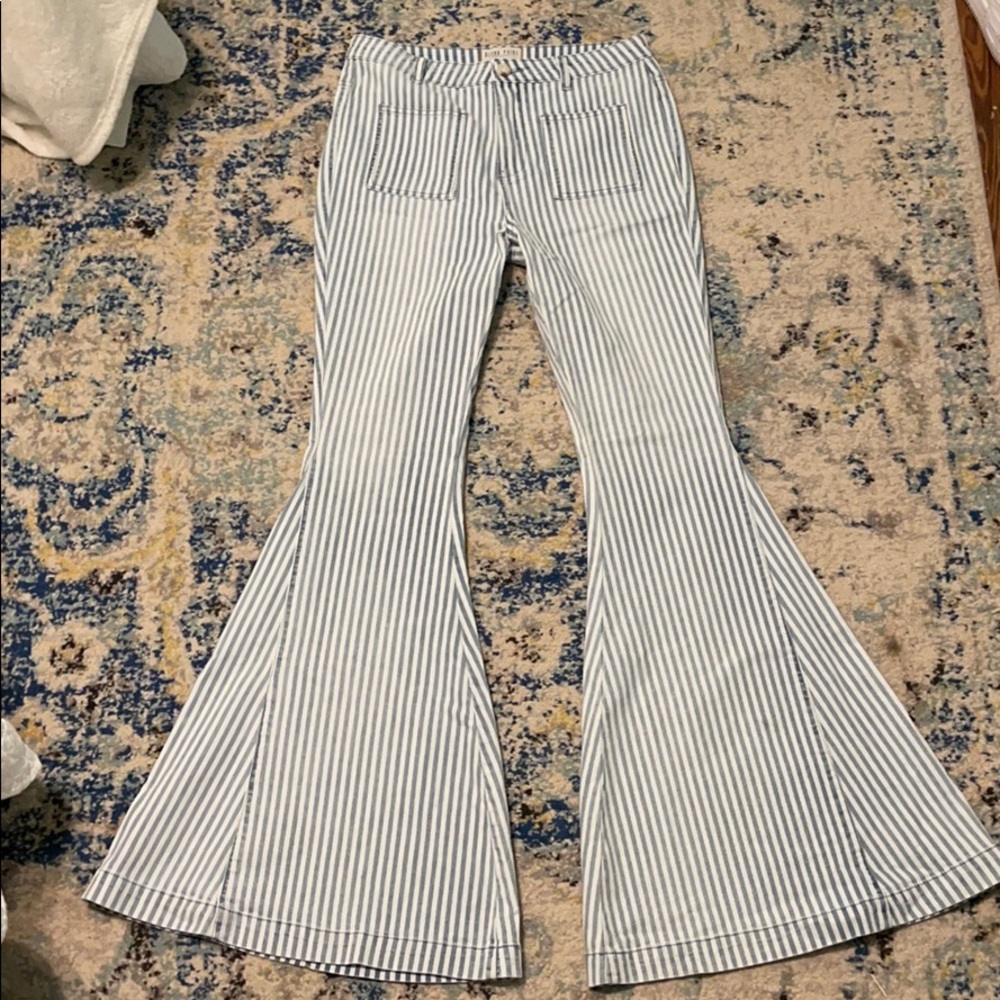 Blue and white striped flare pants